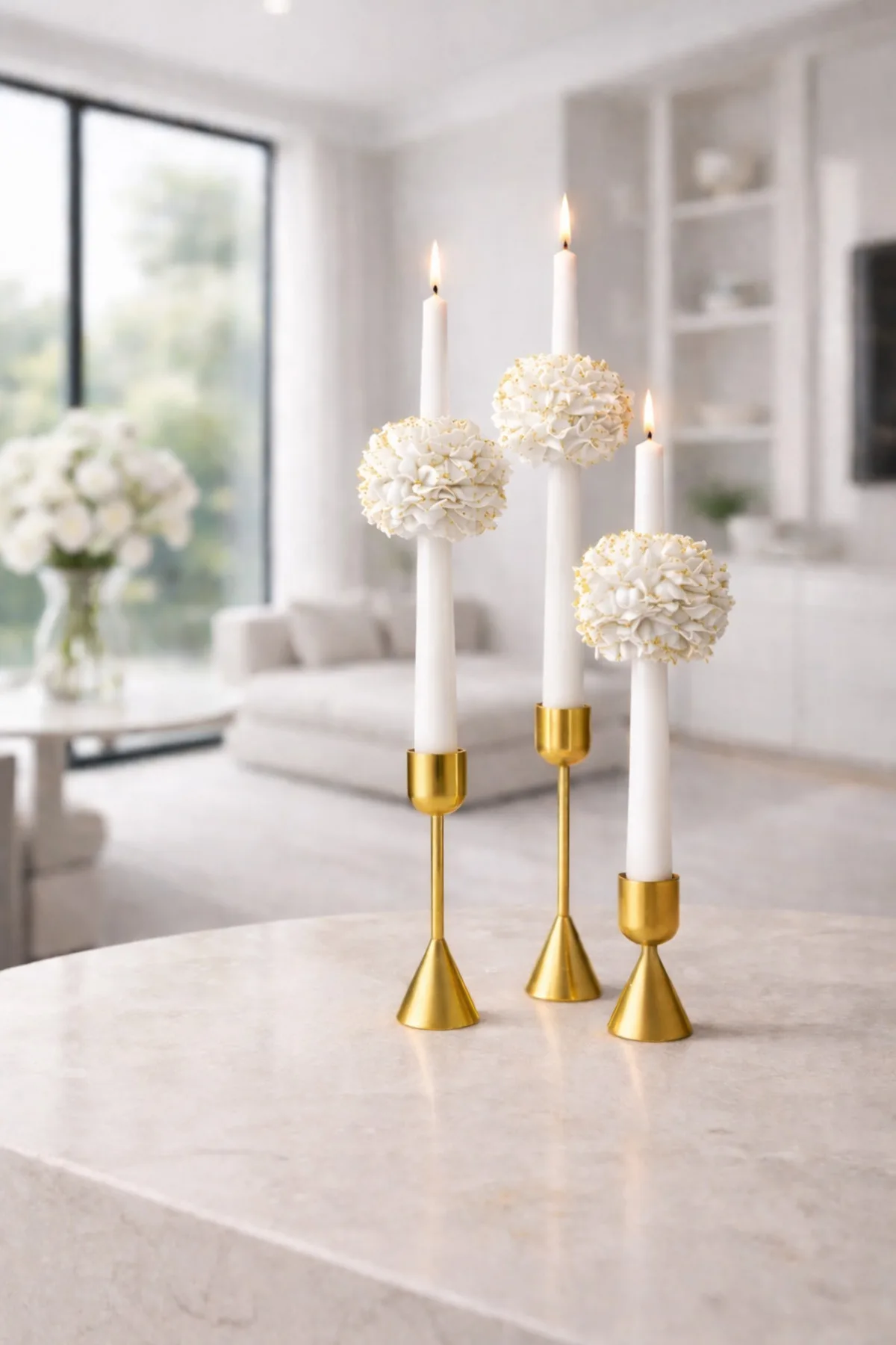 3 lü Gold Detaylı Şakayık Çiçekli Şamdan Mum