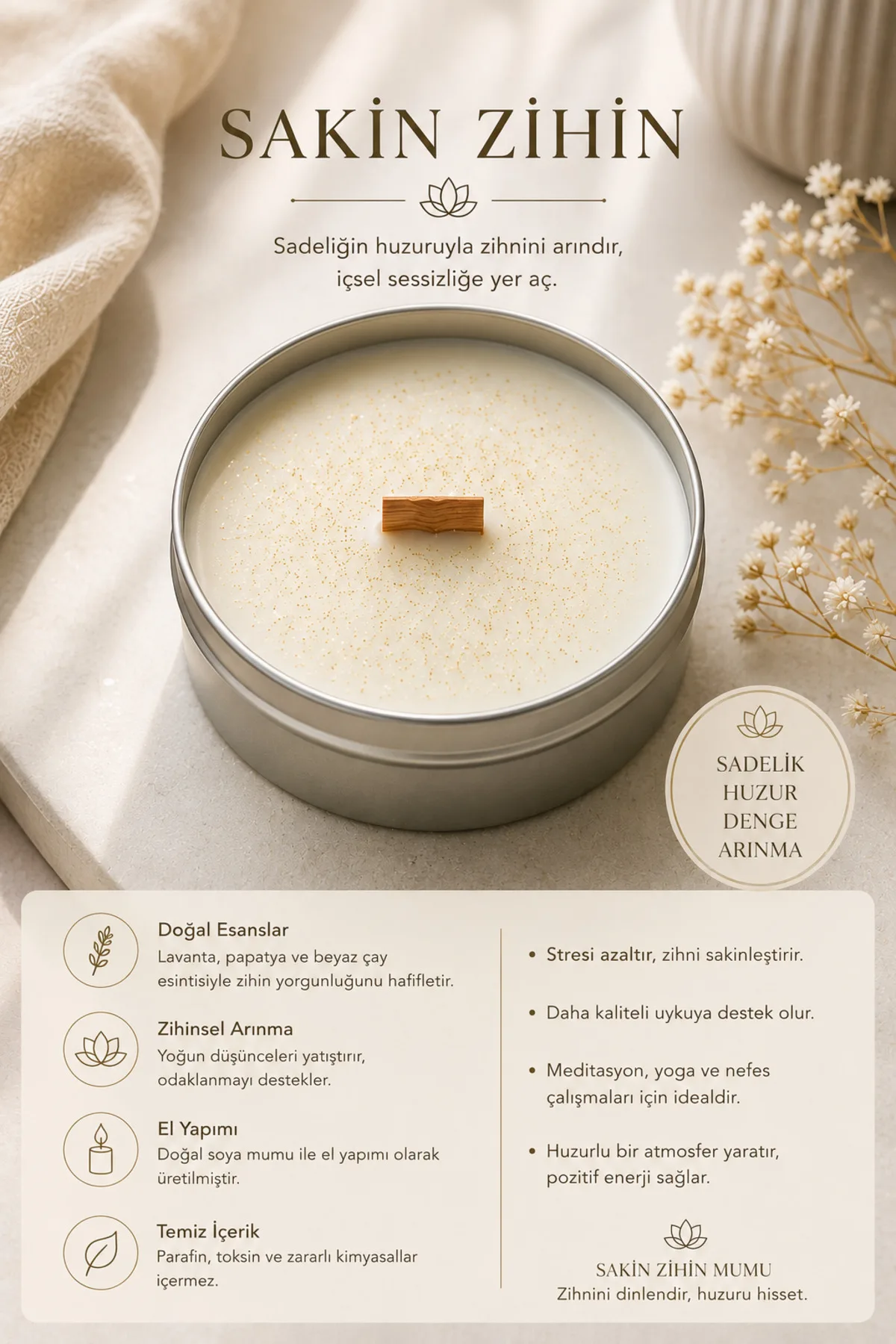 Meditasyon Mumları | El Yapımı Aromaterapi & Huzur Mum Serisi (Beyaz)