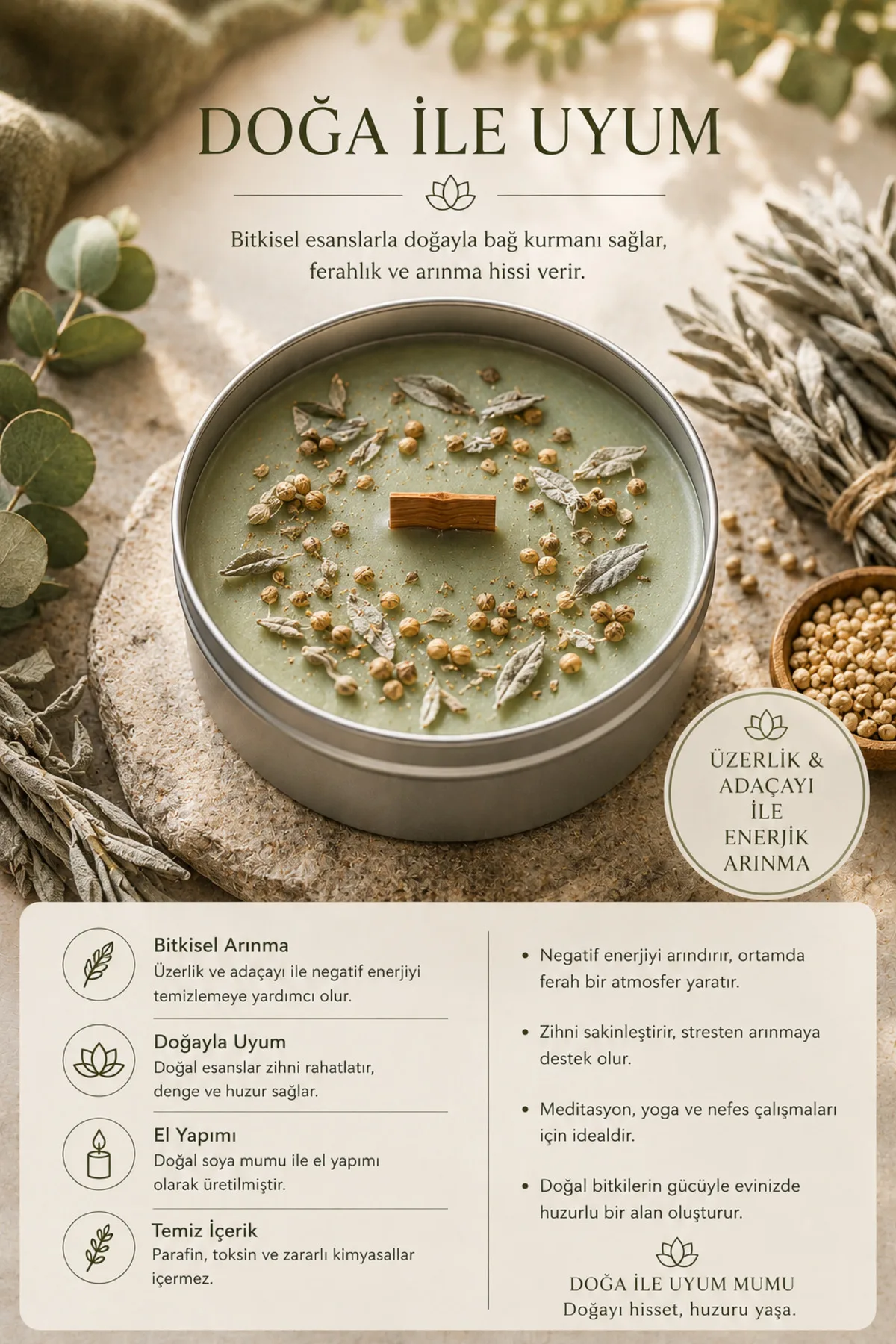 Meditasyon Mumları | El Yapımı Aromaterapi & Huzur Mum Serisi (Haki)