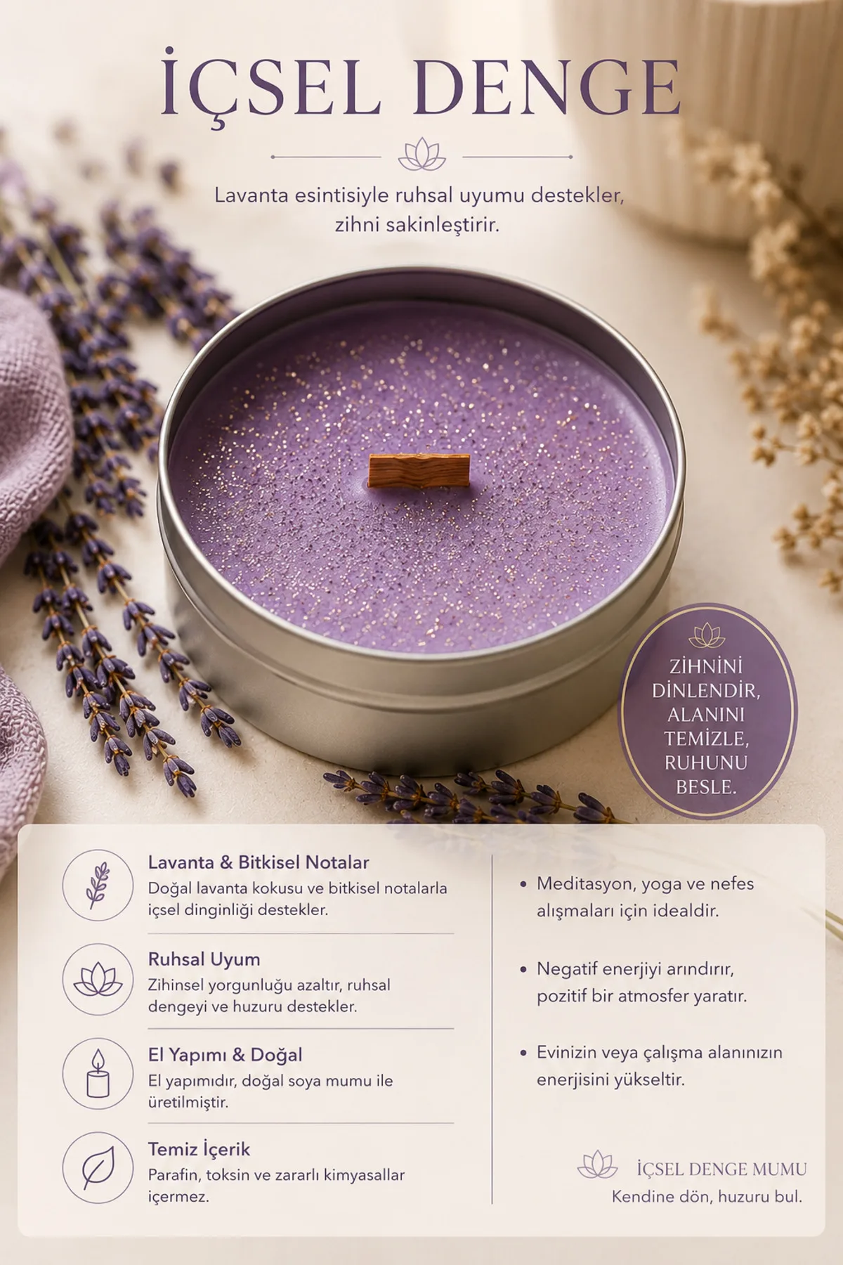 Meditasyon Mumları | El Yapımı Aromaterapi & Huzur Mum Serisi (Mor)