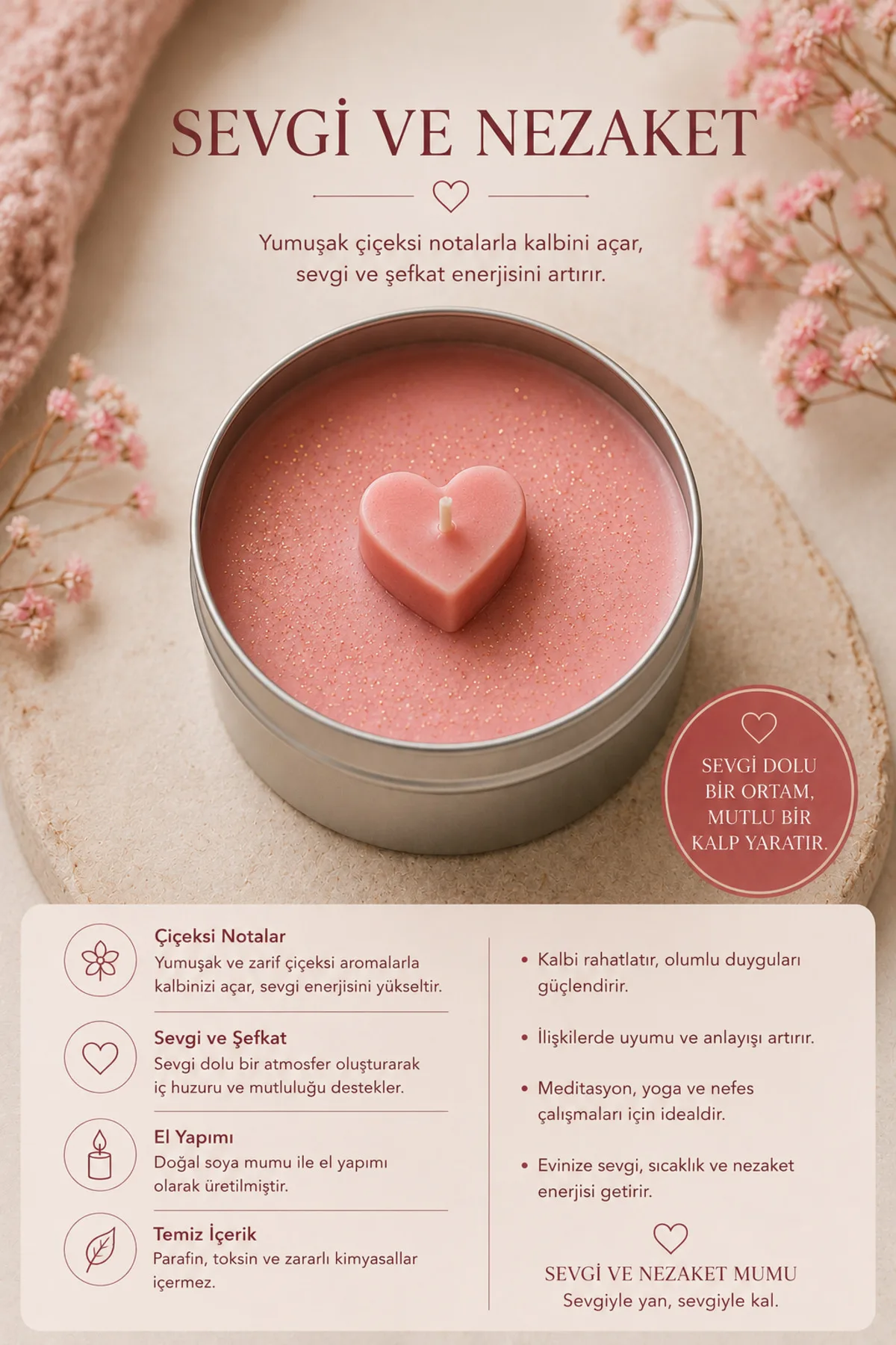 Meditasyon Mumları | El Yapımı Aromaterapi & Huzur Mum Serisi (Pembe)