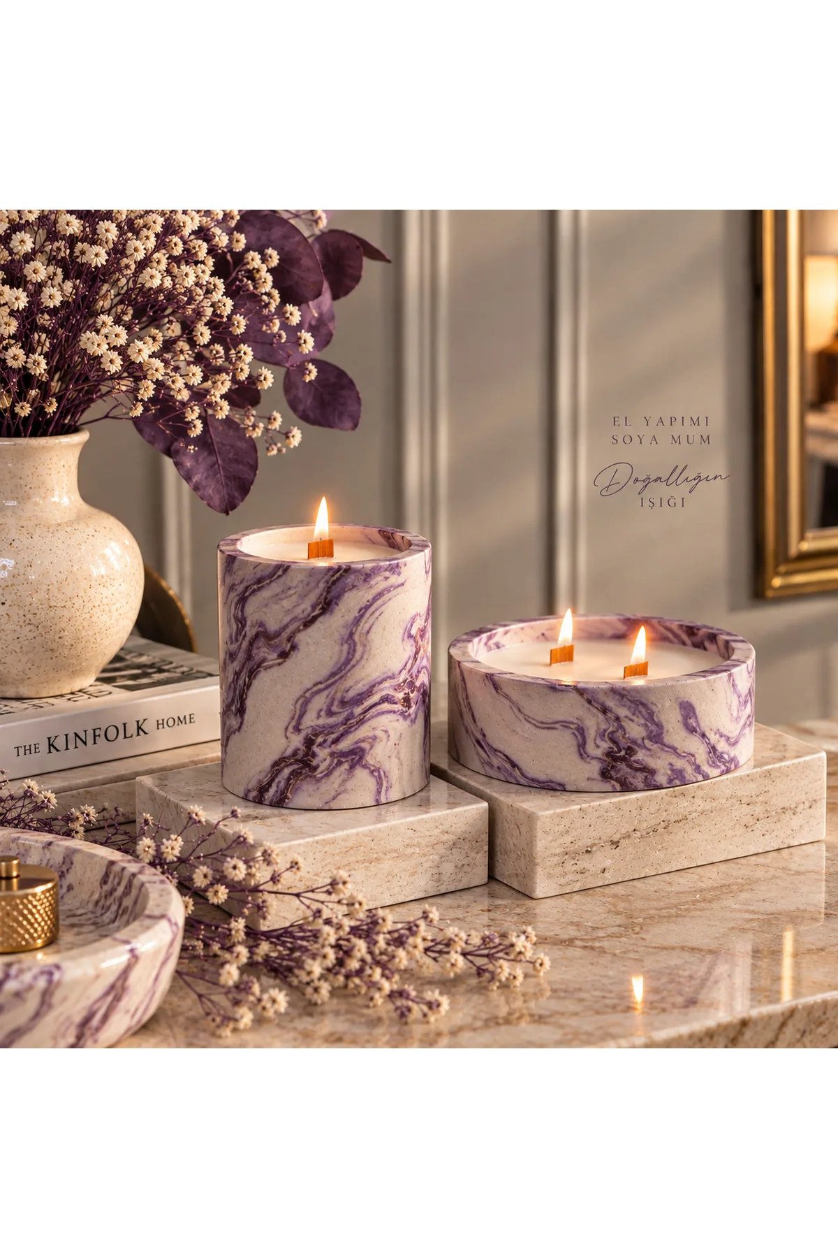 Mermer Desenli 2 li Soya Wax Mum Dekoratif Hediyelik Beton Saksı
